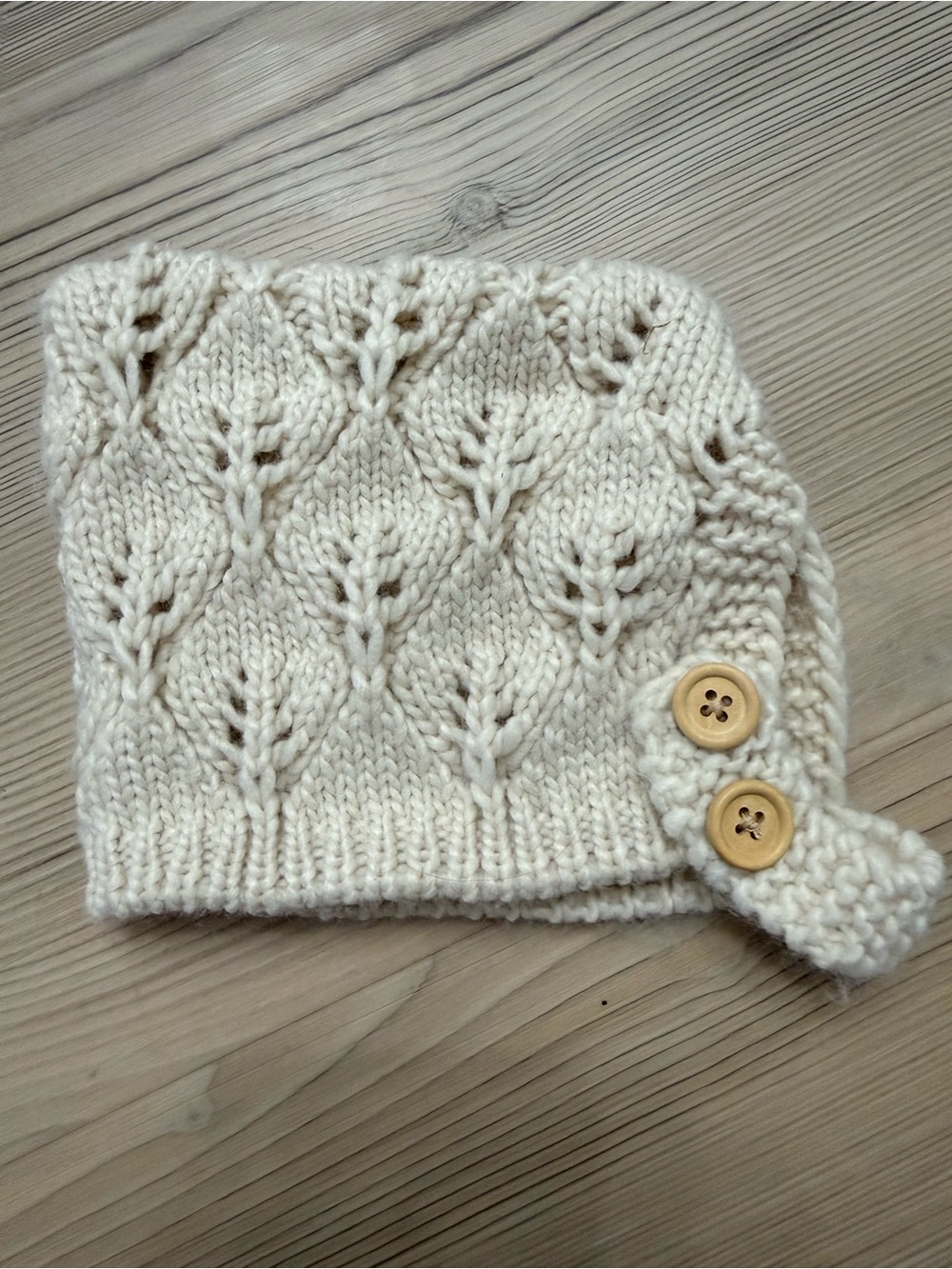 Cream Hand Knit Baby Hat with Button Closure